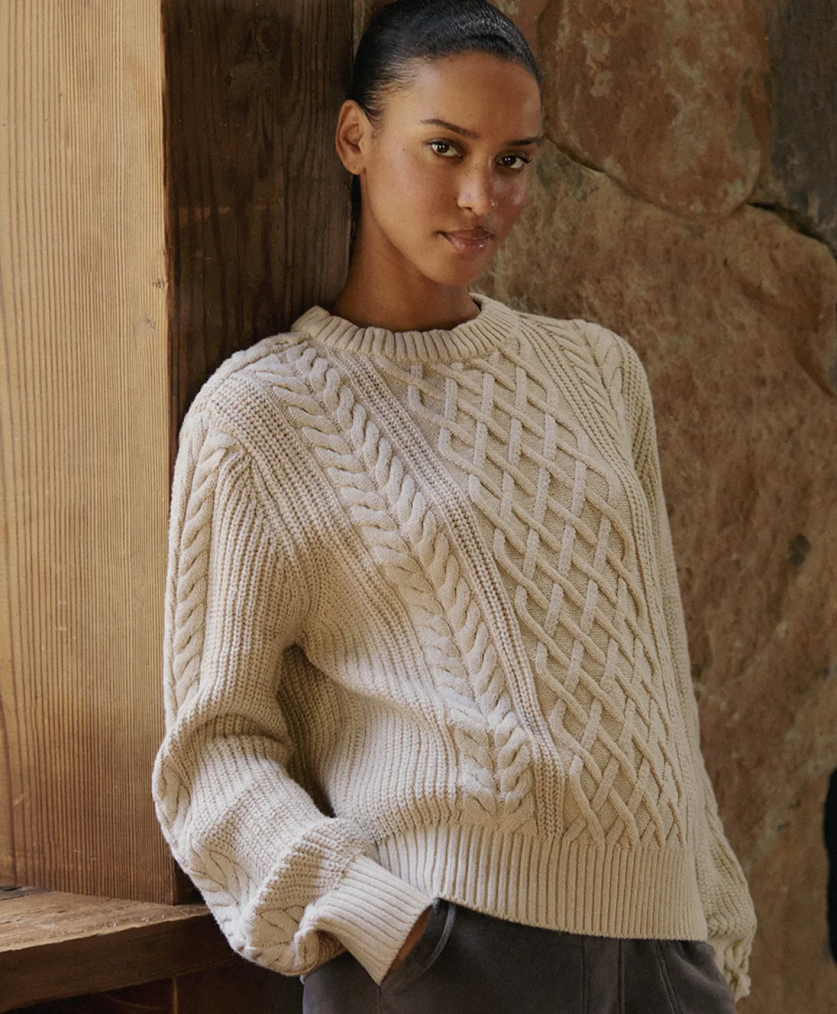 Women Pact Organic Luxe Knit Cable Crew Sweater