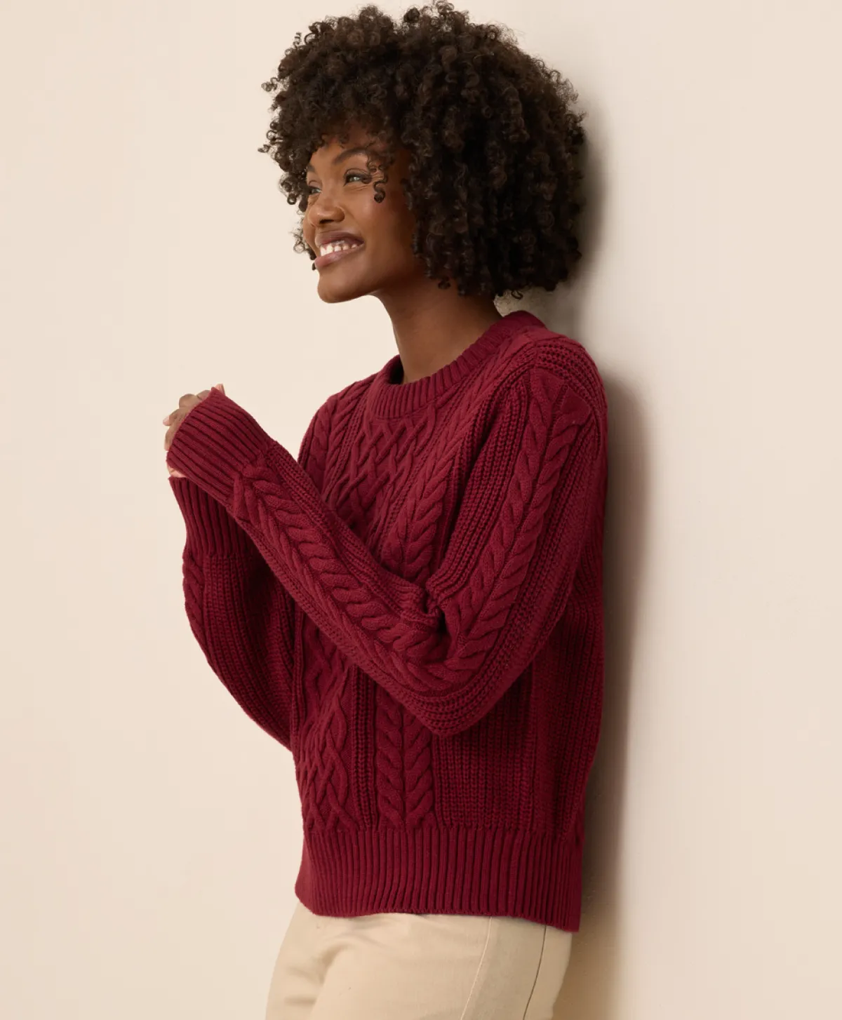 Women Pact Organic Luxe Knit Cable Crew Sweater